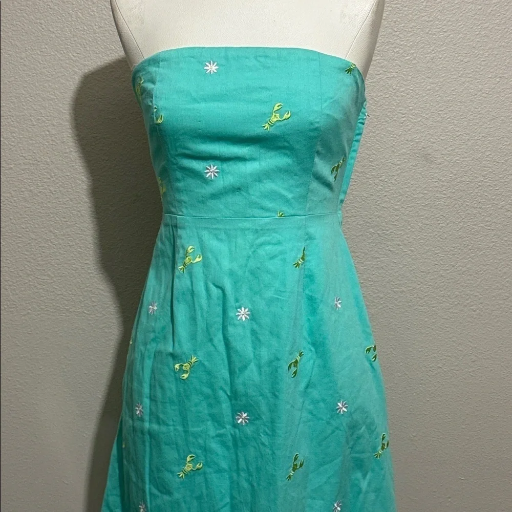 Lilly Pulitzer Vintage Embroidered Lobster and Daisy Teal Strapless Dress - Picture 2 of 6